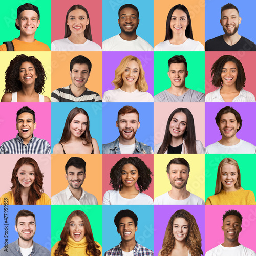 Positive youngsters posing on colorful studio backgrounds