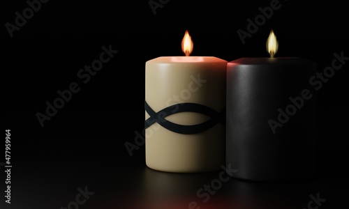 Flame candles on black background. Funeral memorial poster. Mourning picture with place for text. 3D Render