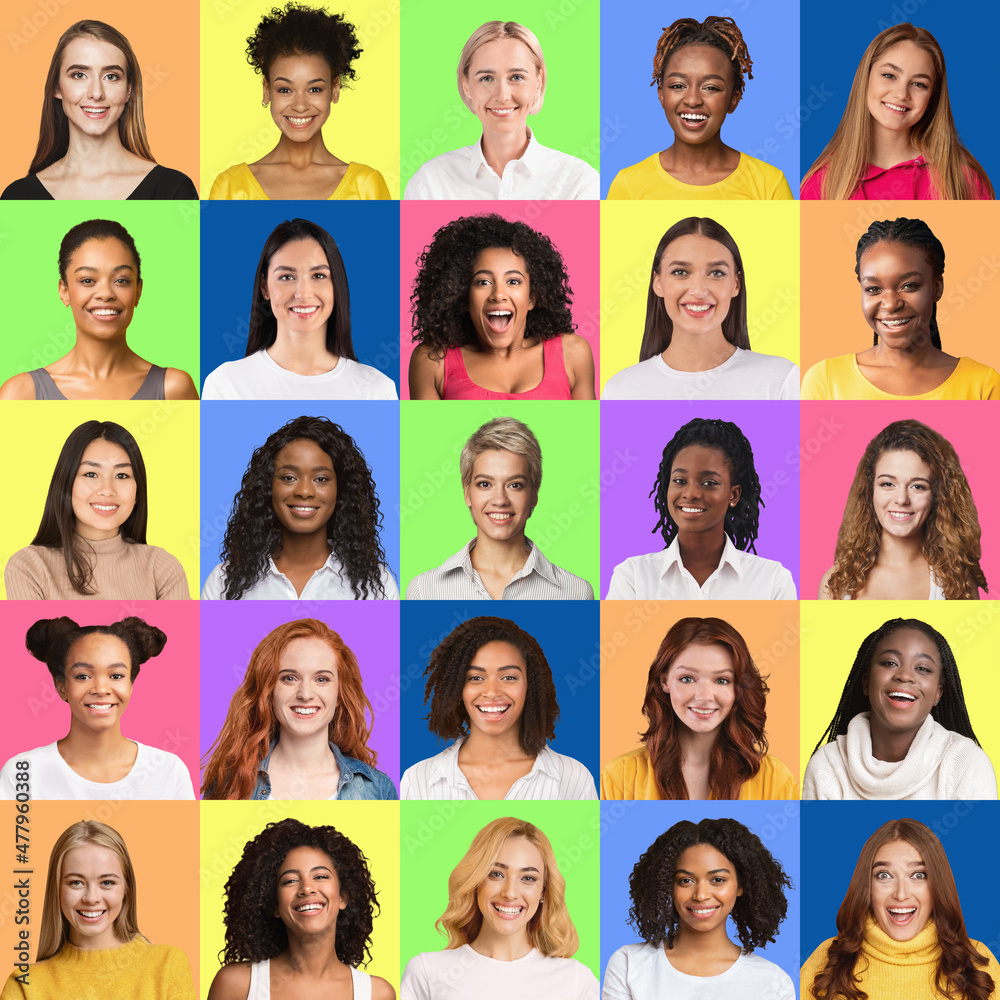 Carefree multiracial ladies showing white smiles, collection of portraits Carefree multiracial ladies showing white smiles, collection of portraits