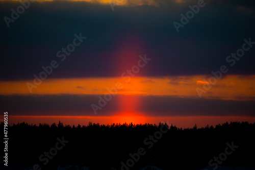 Vertical light pillar over a forest. Bright orange phenomenon, ice crystals in cold air, dark cloudscape. Selective focus on the details, blurred background.