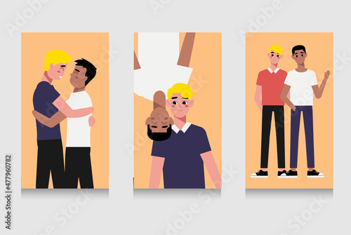 Multiethnic gay couple are proud to be. Young homosexuals gay couple love each other. Element lgbt and gay parade, protest. Vector illustration with lgbt man	