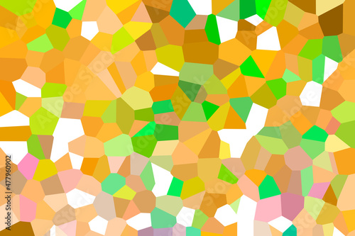 Mixed polygonal mosaic in green  orange and white tones