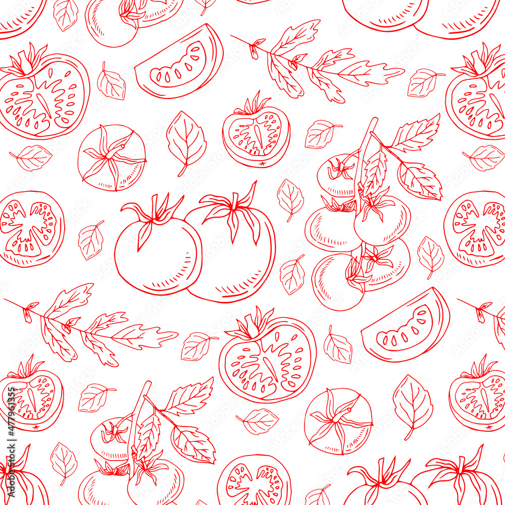 Red Tomatoes Seamless Pattern on White Background. Vector doodle illustration - obrazy, fototapety, plakaty 