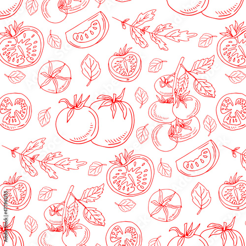 Red Tomatoes Seamless Pattern on White Background. Vector doodle illustration