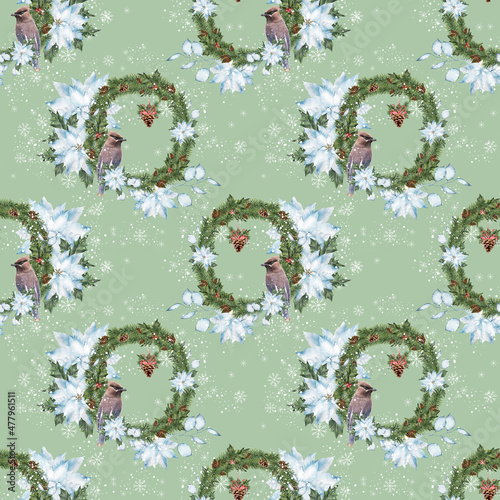 Seamless pattern of Christmas wreaths with a bird. Festive fabric, wrapping paper, background.	