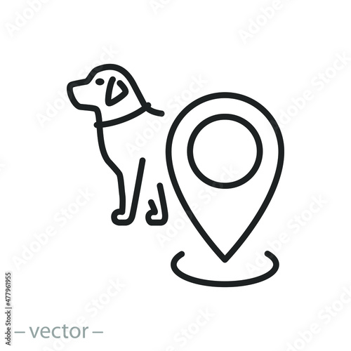 location pet icon, dog with map pin, care animal concept, thin line symbol on white background - editable stroke vector illustration