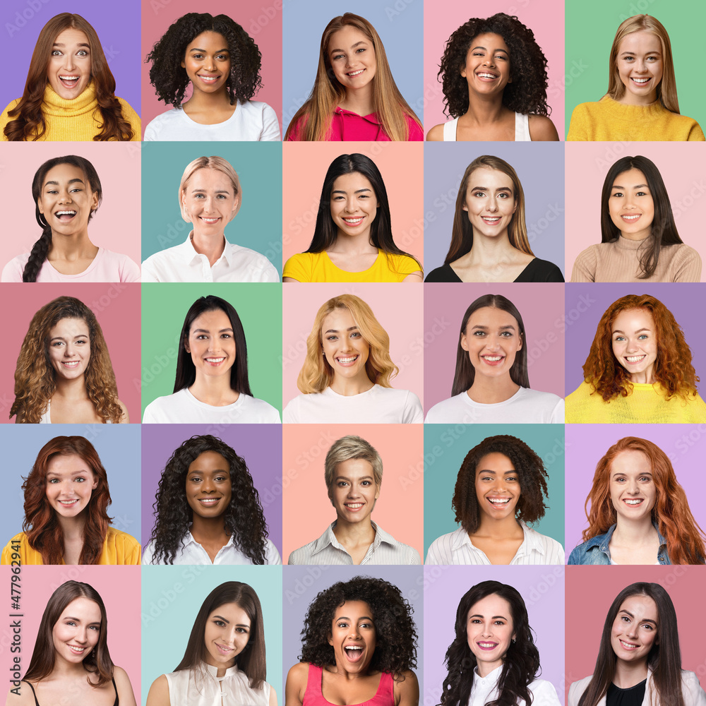 Happy ladies different nationalities and ages on colorful backgrounds, collage Happy ladies different nationalities and ages on colorful backgrounds, collage