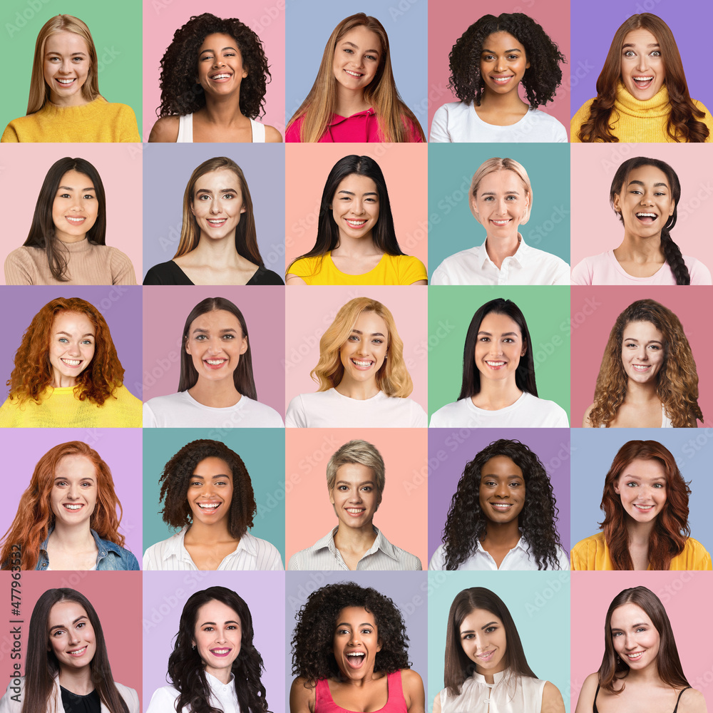 Beautiful multiracial ladies showing white smiles, set of portraits Beautiful multiracial ladies showing white smiles, set of portraits