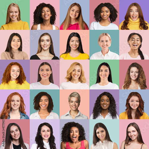 Beautiful multiracial ladies showing white smiles, set of portraits © Prostock-studio