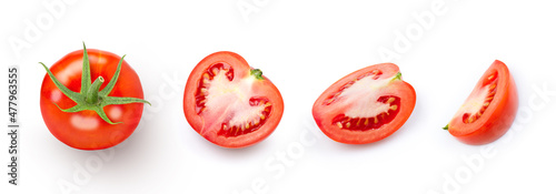 Fotografie, Obraz Set of fresh red tomato with cut sliced isolated on white background