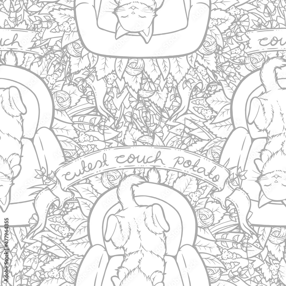 Naklejka premium Cute Couch Potato Cat Vector Seamless Surface Pattern Design