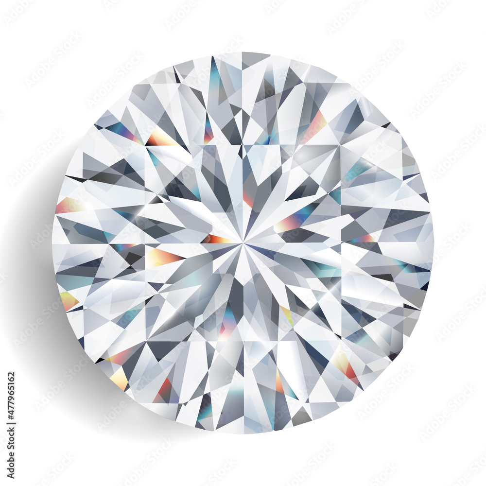 Realistic colorful vector diamond illustration. Top view of a white