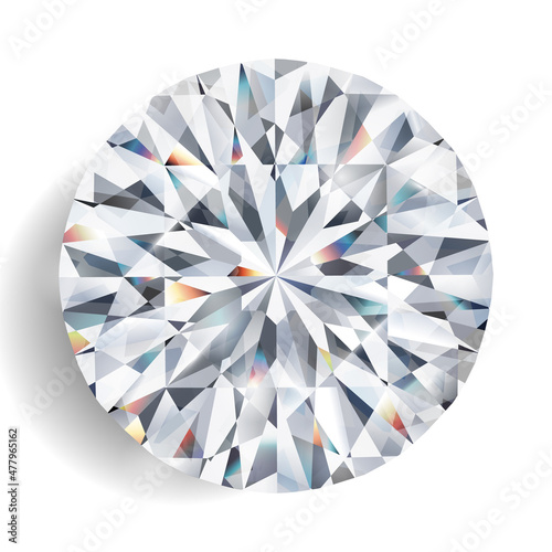 Realistic colorful vector diamond illustration. Top view of a white diamond with light refraction