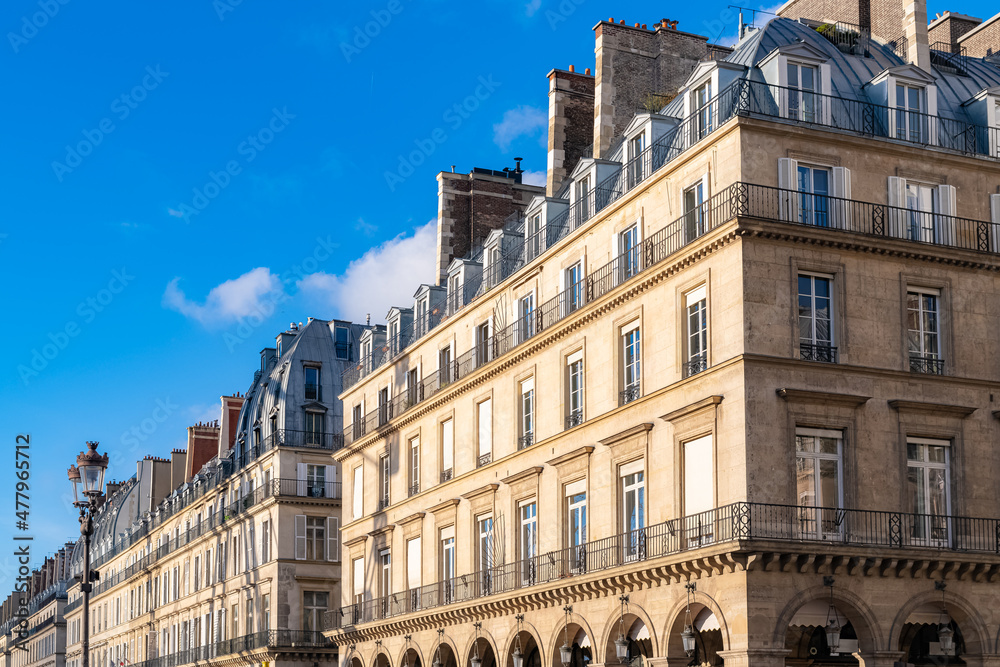 Paris, panorama of the rue de Rivoli, typical building, parisian facade

