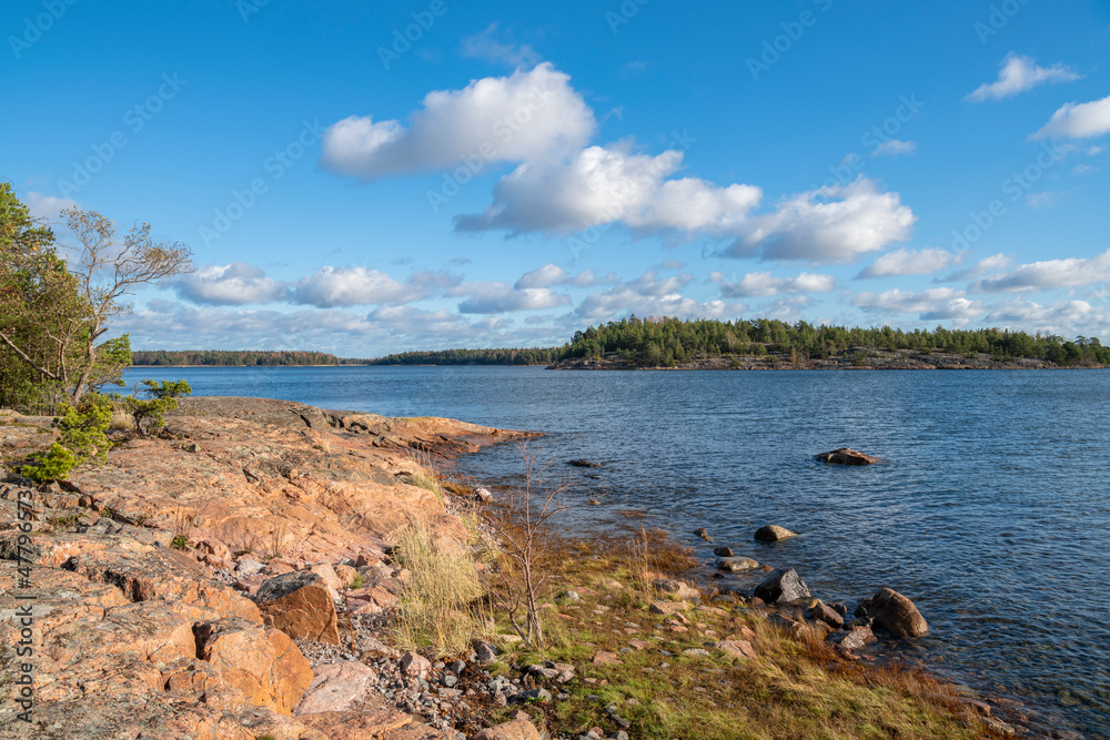 Rocky coastal view and Gulf of Finland, shore and sea, Kopparnas-Klobbacka area, Finland