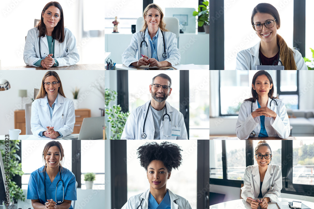 Headshot screen application view of diverse doctors have work web conference. Headshot screen application view of diverse doctors have work web conference.