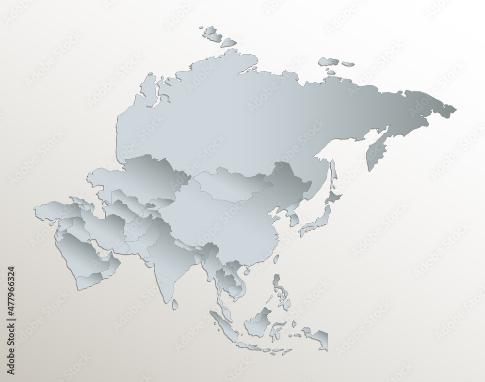 Asia map, separate states, white blue card paper 3D blank