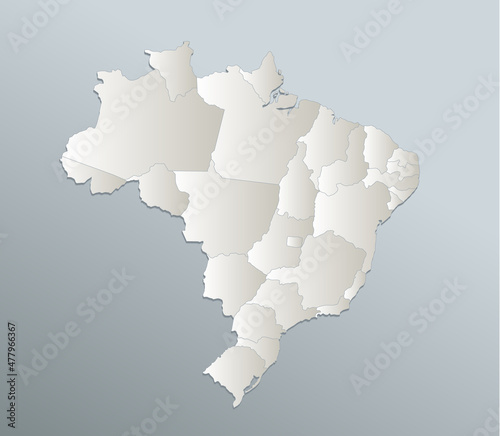 Brazil map, administrative division, blue white card paper 3D blank