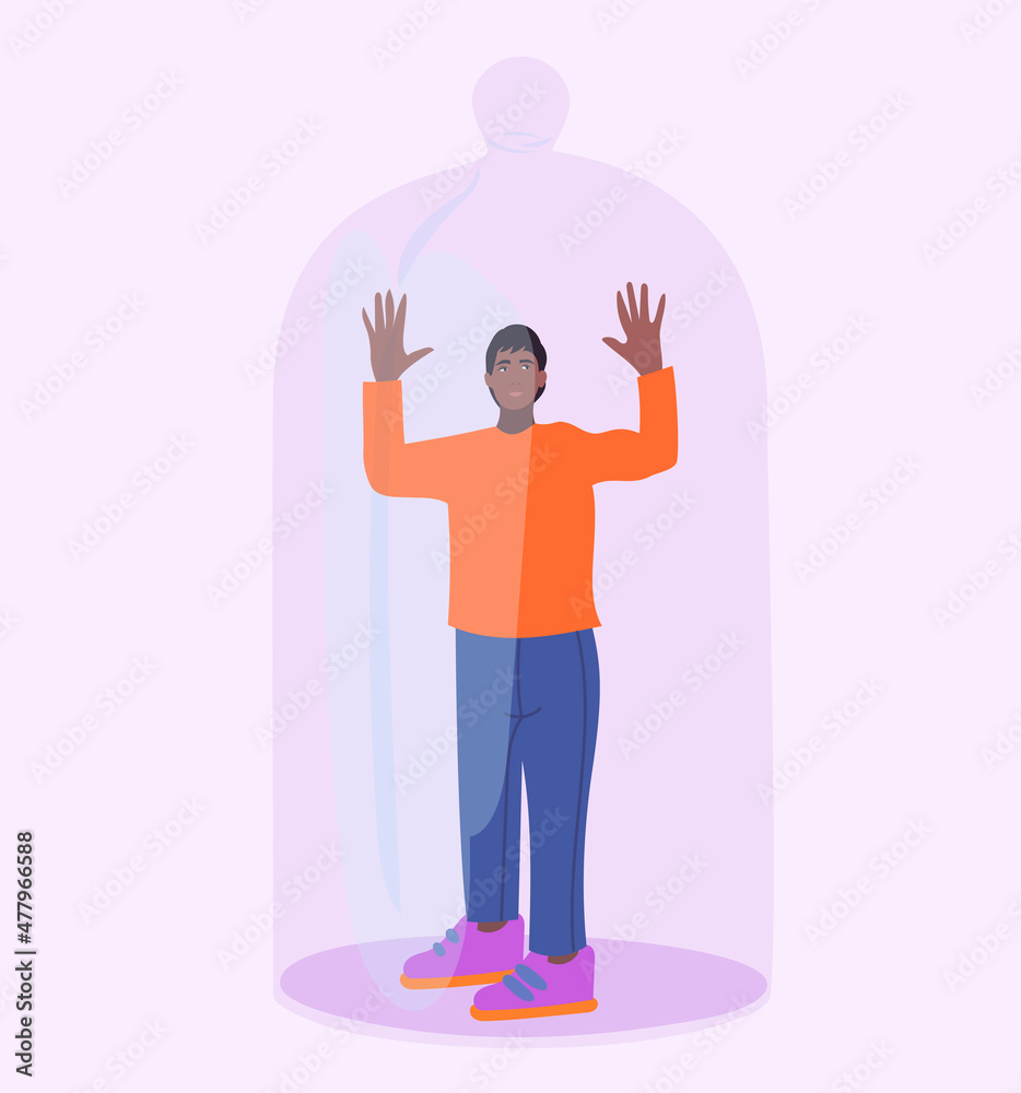 young man under a cheese bell displaying loneliness, isolation and separation from others due to chronic illness