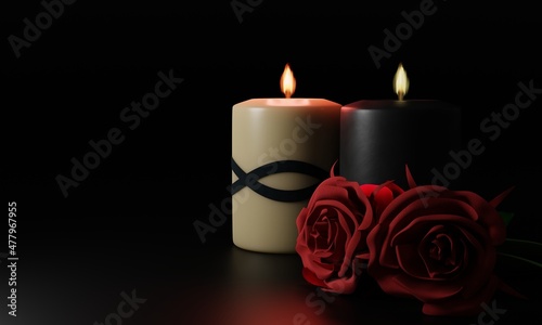Flame candles on black background with red roses. Funeral memorial poster. Mourning picture with place for text. 3D Render