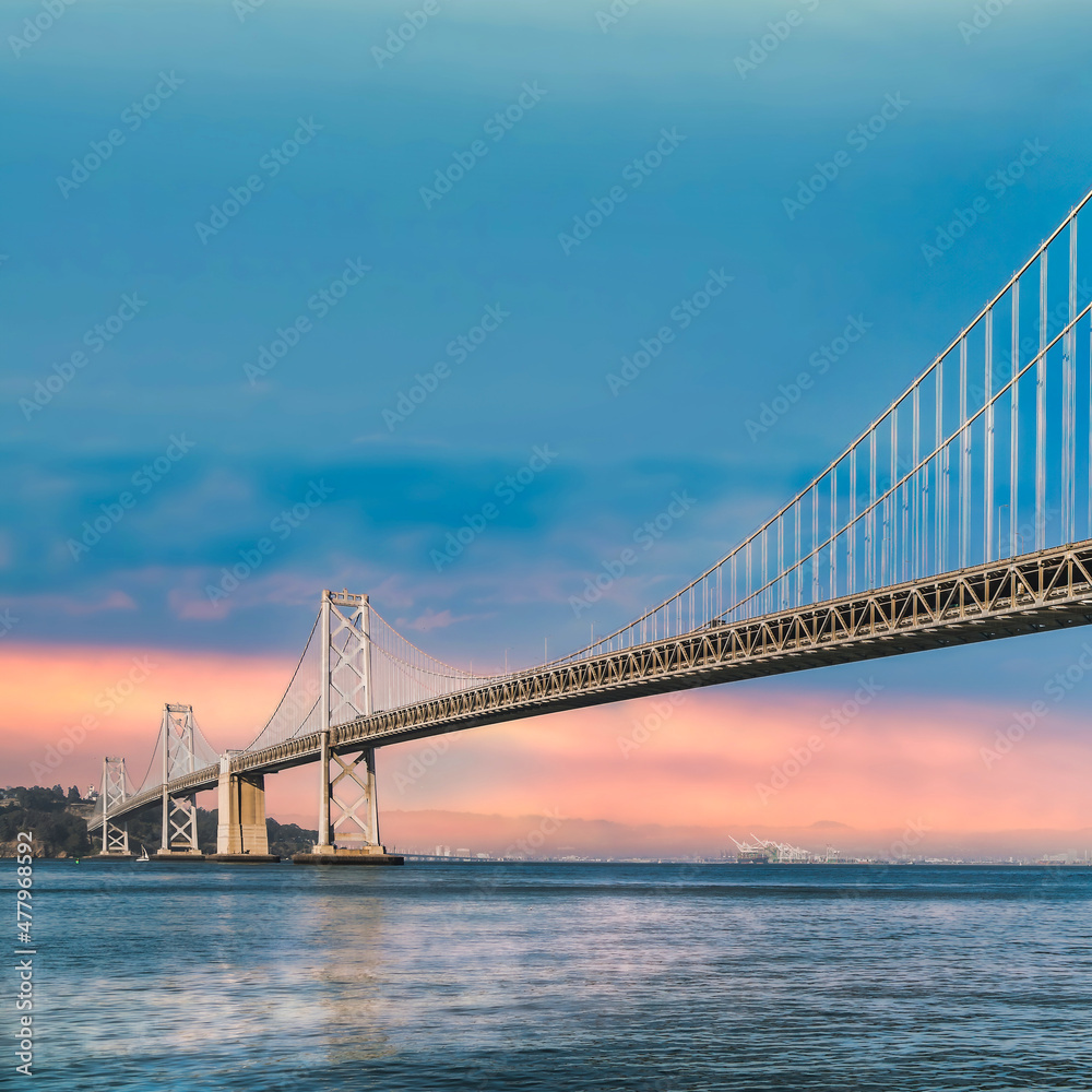San Francisco, CA, USA - August 2019: Panoramic view of San Francisco Bay bridge. Also known as the San Francisco - Oakland Bay Bridge, is a complex of bridges spanning San Francisco Bay