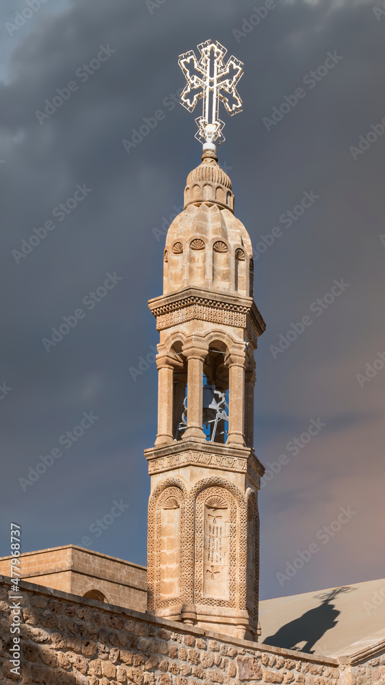 Midyat, Mardin, Turkey - January 2020: Architectural details of Mor Gabriel Monastery. also known as Deyrulumur, is the oldest surviving Syriac Orthodox monastery in the world.