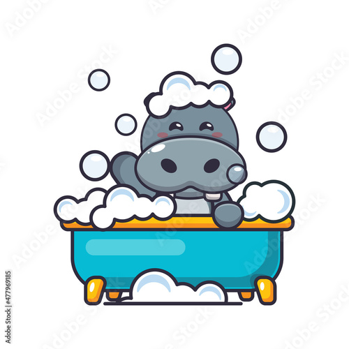 Cute hippo taking bubble bath in bathtub. Cute cartoon animal illustration.