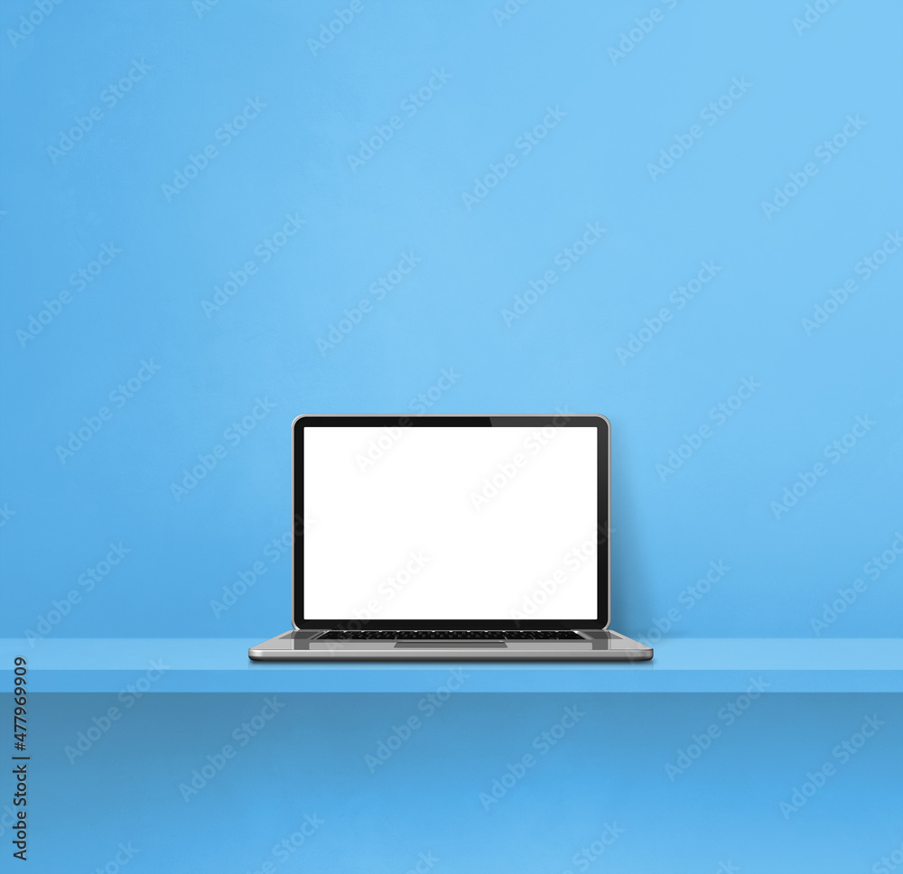 Laptop computer on blue shelf. Square background Laptop computer on blue shelf. Square background