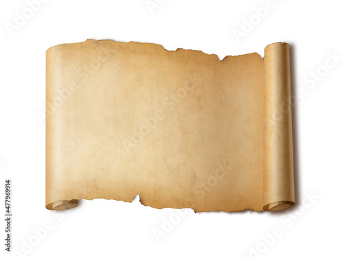 Fototapeta Naklejka Na Ścianę i Meble -  Old mediaeval paper sheet. Horizontal parchment scroll isolated on white with shadow