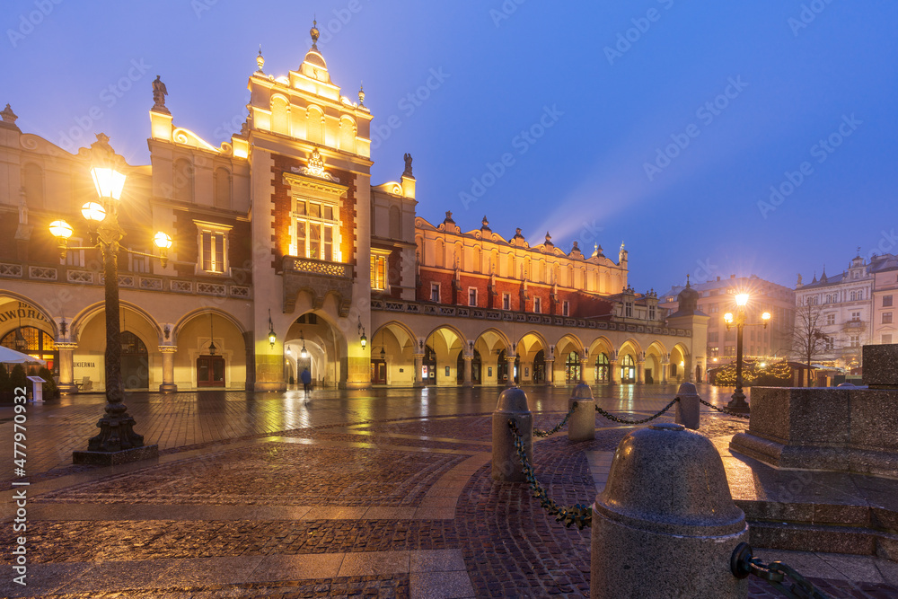 Naklejka premium Krakow Poland December 17, 2021; The architecture of the city of Kraów in the evening time.