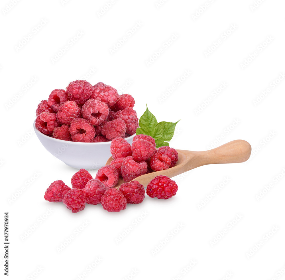 Fresh raspberry in a white cup with leaves isolated on white background Fresh raspberry in a white cup with leaves isolated on white background