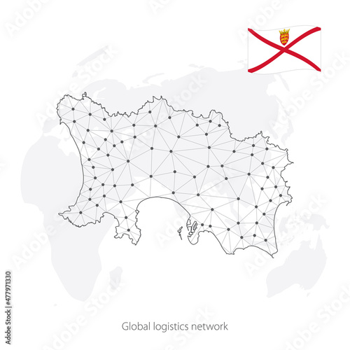 Global logistics network concept. Communications network map  Jersey on the world background. Map Bailiwick of Jersey with nodes in polygonal style and flag. Vector illustration EPS10. 