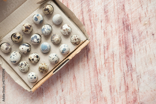 close up of Quails eggs in a box 