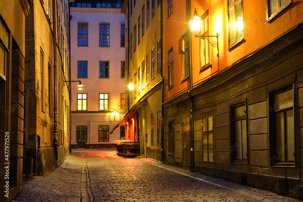 Empty street with no people in Stockholm old city at evening time