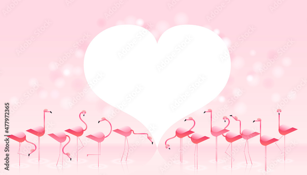 Pink flamingo bird with abstract heart background. Vector illustration of tropical birds