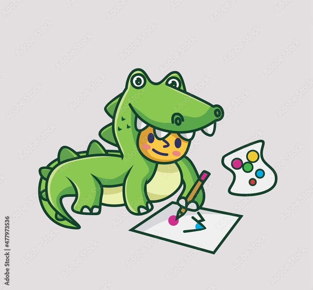 Cute baby crocodile drawing a mountain. cartoon animal hobby concept Isolated illustration. Flat Style suitable for Sticker Icon Design Premium Logo vector. Mascot character Cute baby crocodile drawing a mountain. cartoon animal hobby concept Isolated illustration. Flat Style suitable for Sticker Icon Design Premium Logo vector. Mascot character