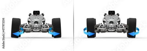 3D Illustration with car wheel alignment. Camber negative and positive wheels alignment.