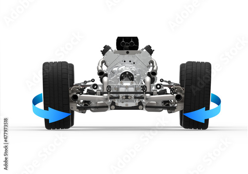 3D Illustration with car wheel alignment. Camber negative and positive wheels alignment.