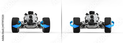 3D Illustration with car wheel alignment. Toe in and toe out wheel alignment