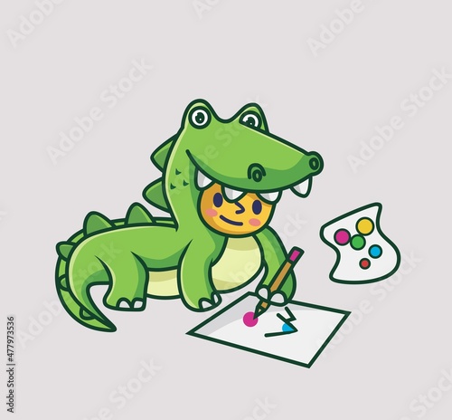 Cute baby crocodile drawing a mountain. cartoon animal hobby concept Isolated illustration. Flat Style suitable for Sticker Icon Design Premium Logo vector. Mascot character