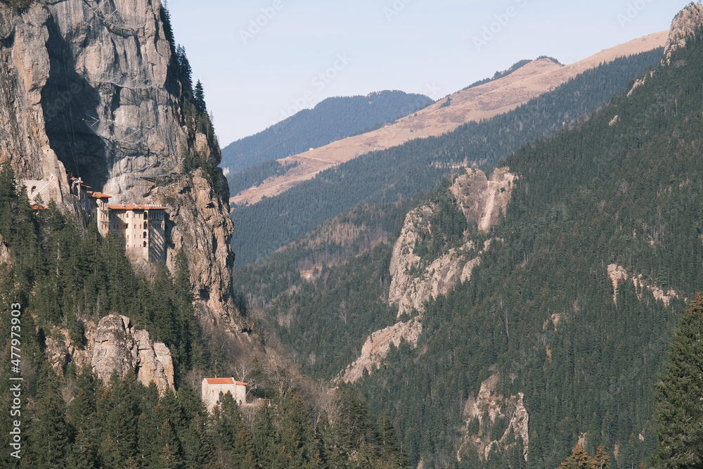 Sumela monastery, wide angle photo from hill, local name is sumela manastiri and ancient church Sumela monastery, wide angle photo from hill, local name is sumela manastiri and ancient church