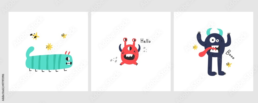 Cute monster set. Funny creatures, little mutant or alien, spooky fantasy characters with text, childish collection, kids poster, t-shirt print or card, vector cartoon flat style isolated illustration