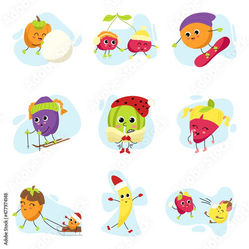 Big set of fruit characters. Fruits, berries and vegetables on winter vacation. Collection of mascots for snow resorts, Christmas and New Year promotions. Active recreation in the fresh air.