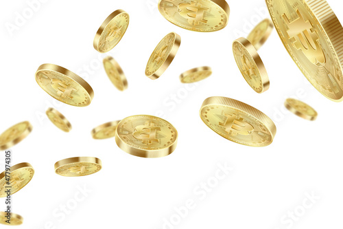 Bitcoin coins flying isolated on a white background. Bitcoin virtual cryptocurrency explosion. Realistic 3d Vector illustration.