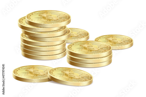Golden bitcoin background. Bitcoin Icon for cryptocurrency, virtual currency, digital money, e cash. Bitcoin symbol for fintech network banking and blockchain. Realistic Vector 3d illustration