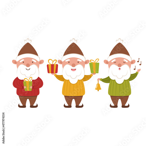 Set of little Christmas gnomes. Festive winter mascot characters. Elves with gifts. Caroler with a bell. Bright isolated flat illustration for New Year greeting cards, design of holiday banners.