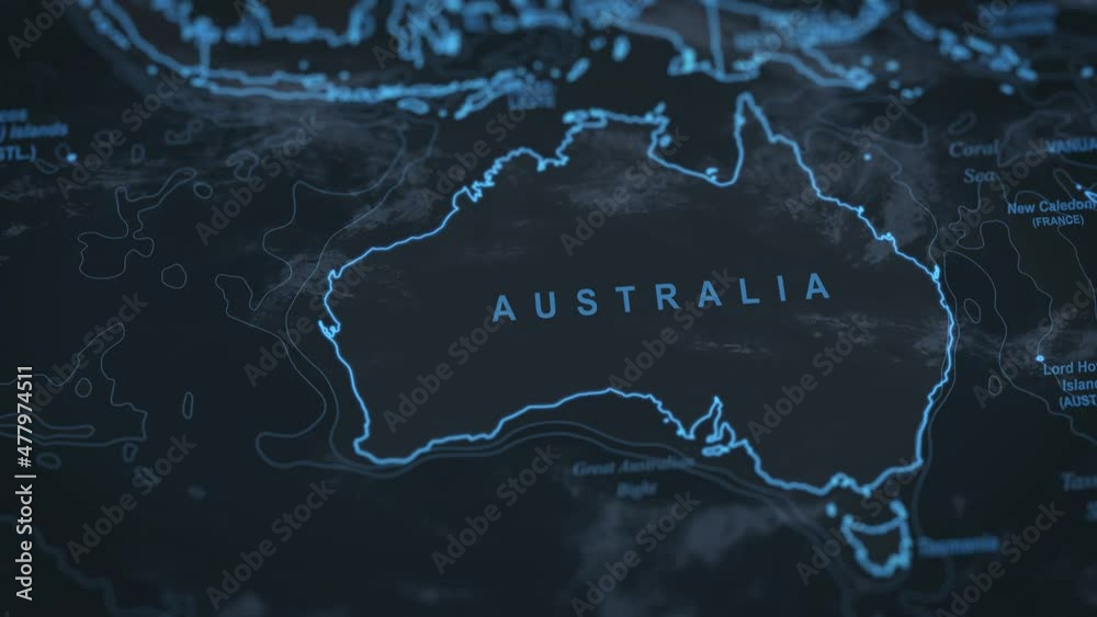 world map animation. Close up of Australia borders.