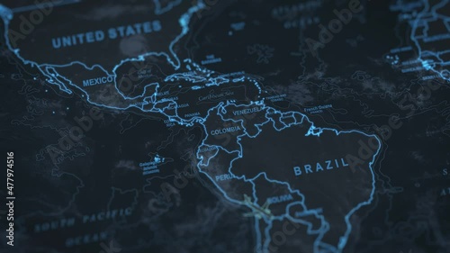 world map animation. Airplane flying by north and south america continents.