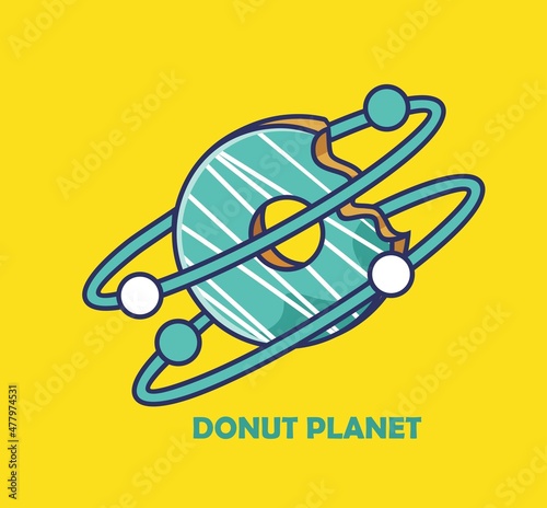 Cute Cartoon planet donut with two rings eating by alien mouth. cartoon food concept Isolated illustration. Flat cartoon Style suitable for Sticker Icon Design Premium Logo vector