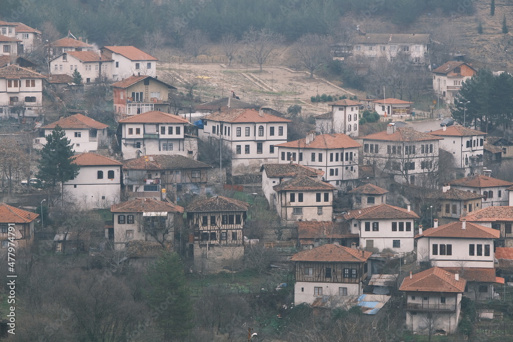 UNESCO world heritage protection houses in Safranbolu during winter. Houses in foggy and rainy day.